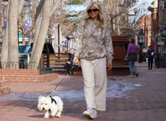Woman walking a dog on a city street with trees and buildings in the background
