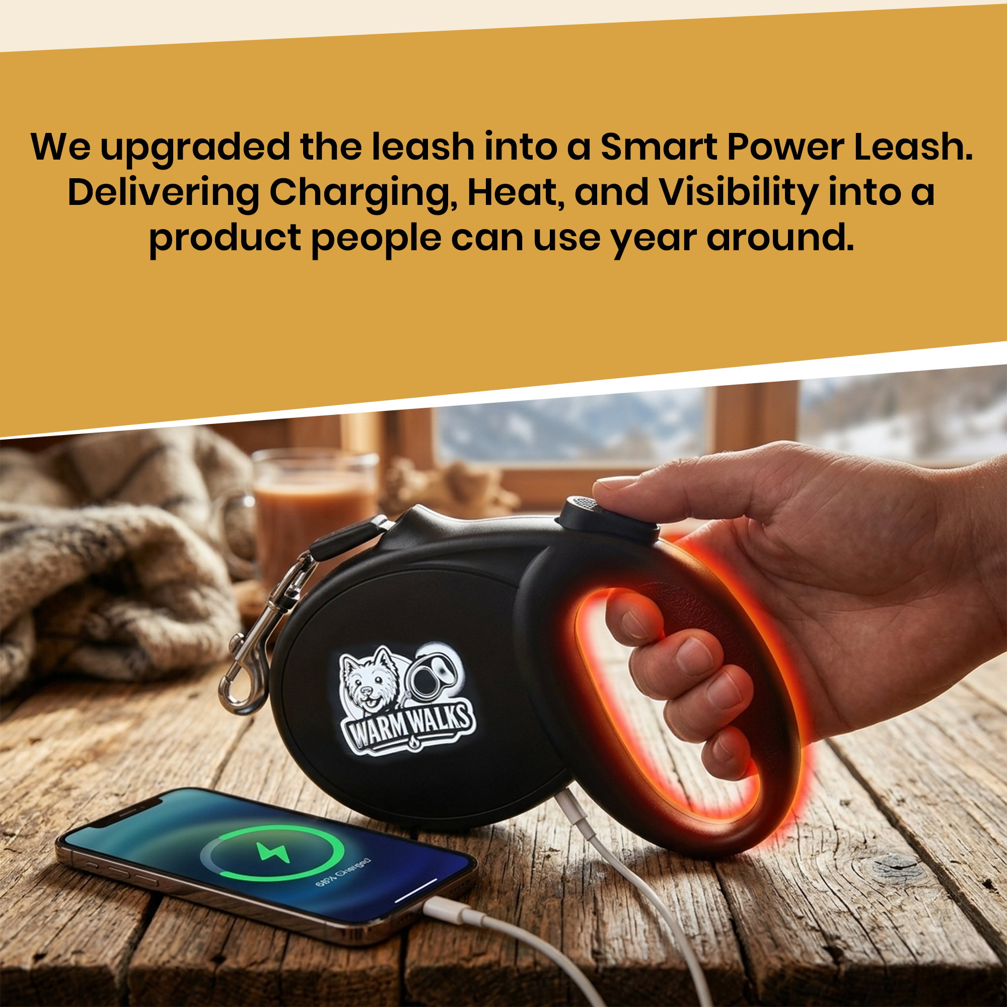 Smart 2-in-1 Heated Dog Leash with Power Bank - Rechargeable Leash with Phone Charging Port & Comfortable Warm Grip